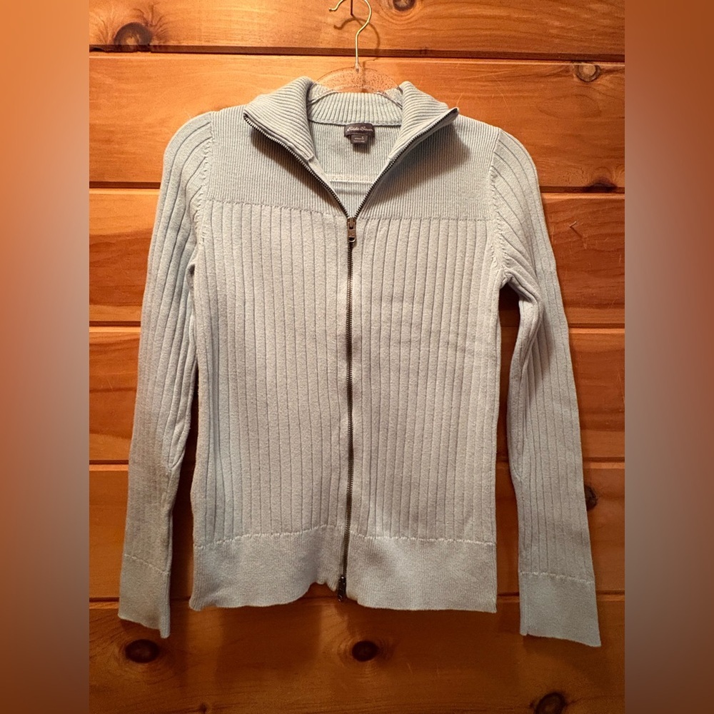 Eddie Bauer full zip sweater 100% cotton in a light mint color size small.
